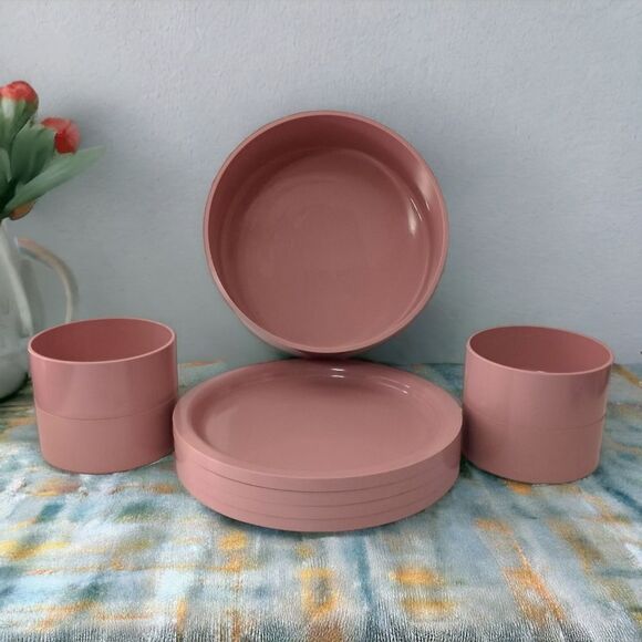 KASEN Melamine Salad Set Pink Large Bowl 4 Small Bowls 4 Plates Peter Pan MCM - Picture 15 of 16